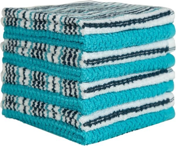 Bumble Premium Dish Cloths Towel 12"x12" | 100% Natural Ring Spun Cotton Tea Towel Set | 430 GSM | Highly Absorbent & Soft Dish Towels | 8 Pack - 4 Popcorn Striped & 4 Solid Kitchen Towels - Aqua