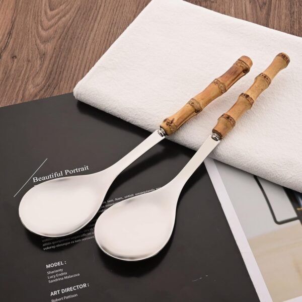 Natural Bamboo Handle Serving Spoons Set of 6, Large Size Stainless Steel Dinner Buffet Catering Banquet Serving Spoons, 10.0" Silver Big Ladle Tablespoons for Home, Family Serving Utensils - Image 3
