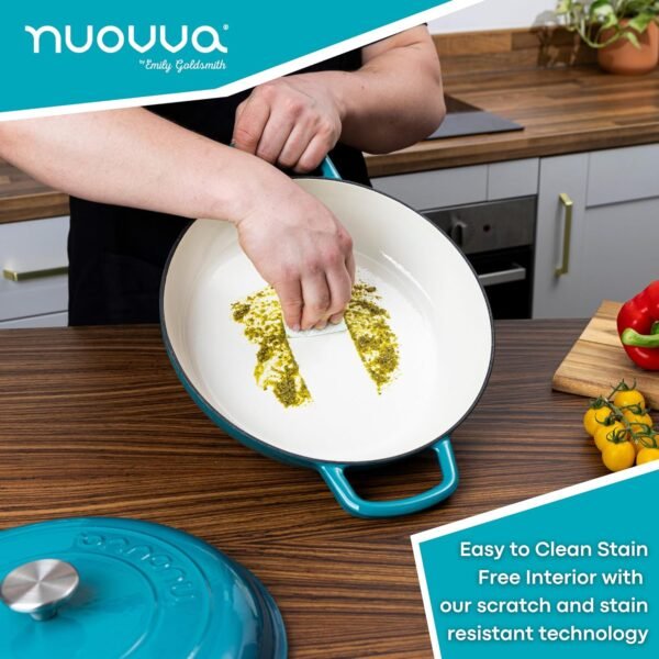 Shallow Cast Iron Casserole with Lid – Non Stick Dutch Oven Pot, Oven Safe up to 500° F – Sturdy Ovenproof Stockpot Cookware – Enamelled Cooking Pot – Teal, 5-Quart, 32cm – by Nuovva - Image 6