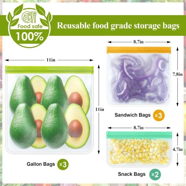8 Pack Silicone Bags Reusable Storage Silicone Ziplock Bags-3 Reusable Gallon Freezer bags 3 Reusable Sandwich Bags 2 Reusable Snack Bags, Leakproof Reusable Food Storage Bags Containers for Home Work - Image 2