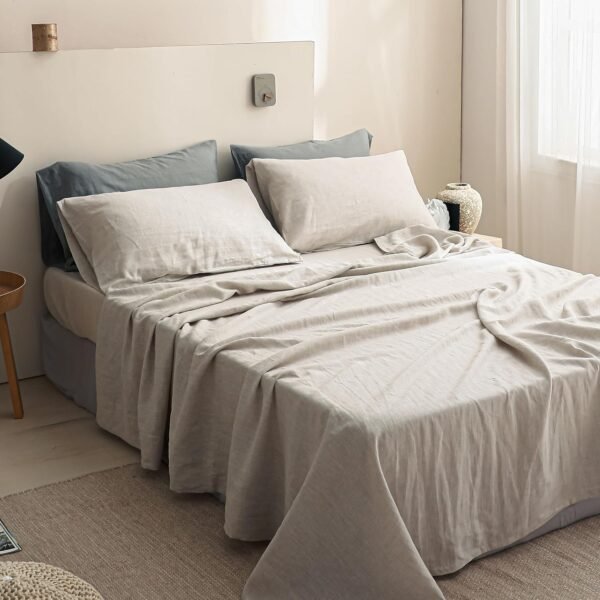 Simple&Opulence 100% Linen Sheet Set Solid Color- 6 Pcs Washed French Flax Bed Sheets (1 Flat Sheet, 1 Fitted Sheet, 4 Pillowcases) - Breathable Home Collection (Basic Linen, Queen)