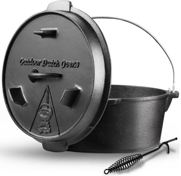 Camping Dutch Oven, 9 Qt Pre-Seasoned Camping Cookware Pot With Lid - Lid Lifter, Cast Iron Deep Pot with Metal Handle for Camping Cooking BBQ Baking Campfire Modern Black
