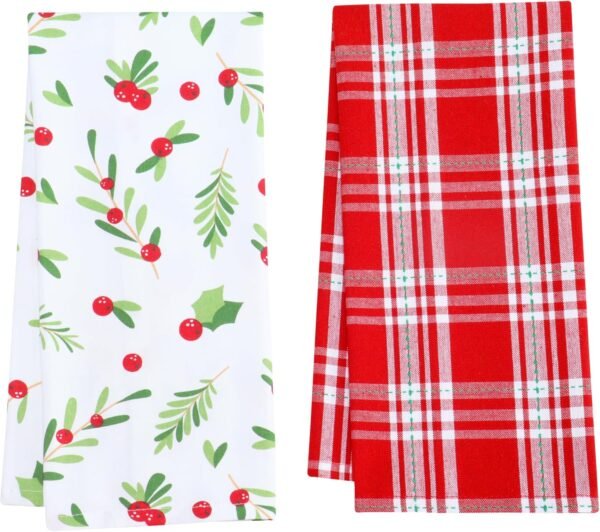 PurpleEssences Christmas Kitchen Towel Set of 2-100% Cotton Tea Towels for Baking, Cleaning, Entertainment & Cooking, Holiday - Mistletoe and Plaid