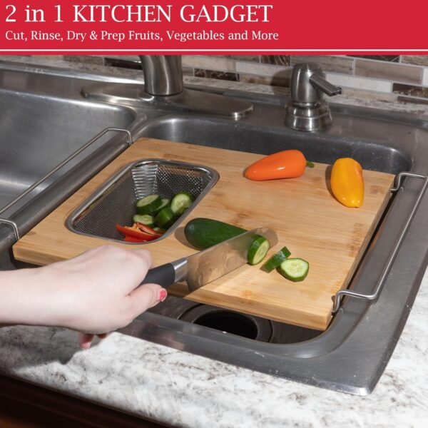 Cutting Board with Strainer - 2 in 1 Adjustable Bamboo Chopping Board with Removable Stainless Steel Colander for Over the Sink by Classic Cuisine - Image 4