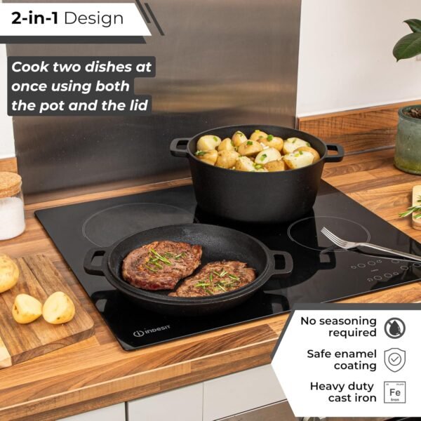 Pre-Seasoned Cast Iron Dutch Oven Casserole Pot - Cast Iron Skillet Lid – 2 in 1 Cooking Cookware Pan Set – Dutch Oven Pot with Lid – Black, 5 Quarts, 26cm – by Nuovva - Image 4