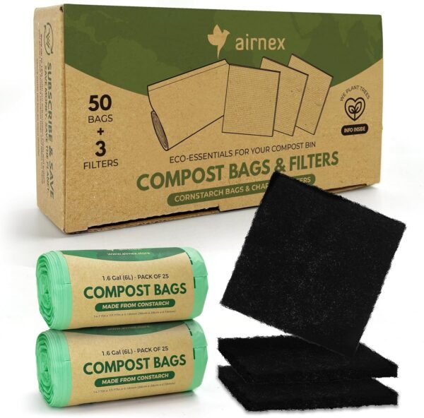 Compostable Trash Bags & Charcoal Filters for Compost Bucket Value Pack for Clean & Odorless Composting - 50 Pcs Compostable Trash Bags Small 1.6 Gal & 3 Pcs Compost Bin Filters Charcoal 3.5"