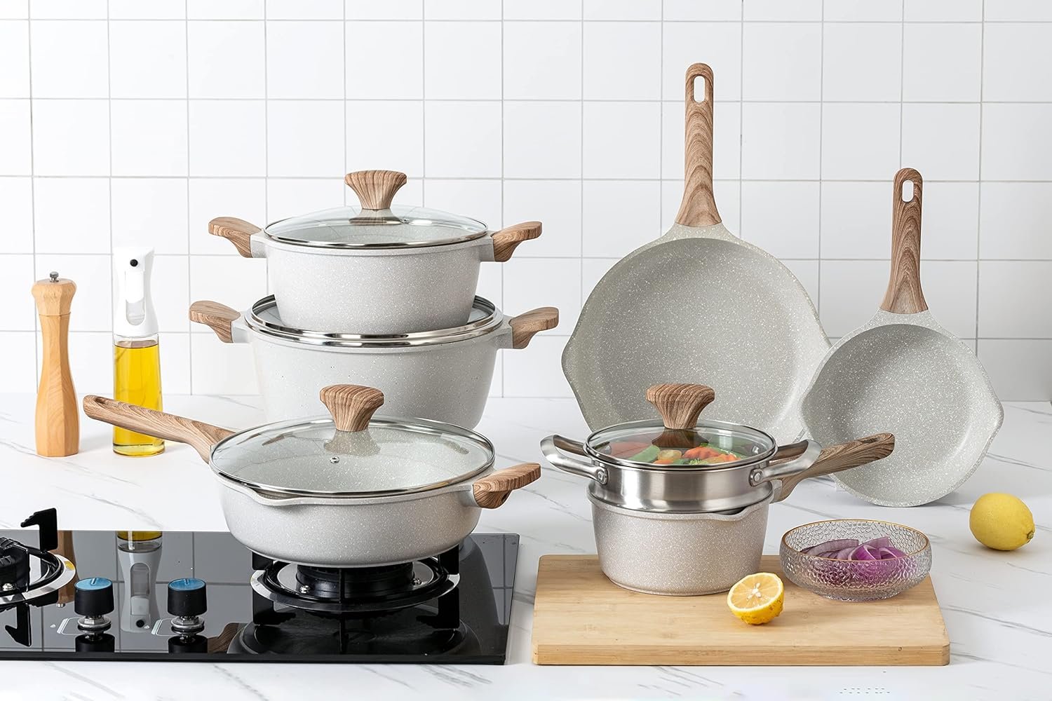 Country Kitchen Non-Stick Cast Aluminum Cookware Set - Durable Kitchen Cookware for Everyday Cooking, Cream, 11 Pc. - Image 2