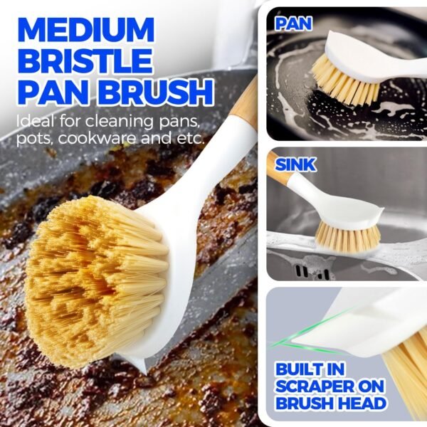 Holikme 3 Pack Dish Brush Set with Bamboo Handle, Kitchen Scrub Brush for Cleaning Dish, Pot, Sink and Stove, Skillet Scrubber with Tough Bristles for Cast Iron Grill Pan, Yellow White Black - Image 4