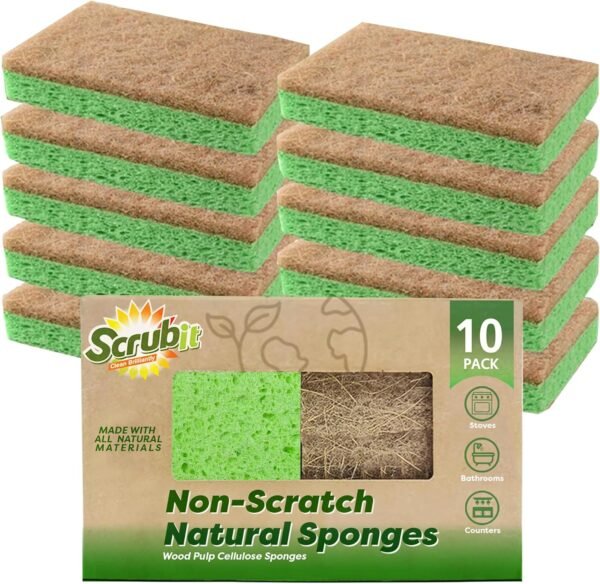 Natural Sponge by Scrubit - 10-Pack - Biodegradable Cellulose Natural Sponges for Dishes with a Tough Eco-Friendly Scouring Pad for Kitchen and Bathroom – Non-Stick Plant-Based Compostable Sponges