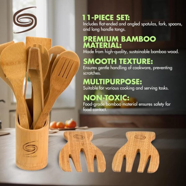 Bamboo Cooking Utensils - 11-Piece Wooden Kitchen Utensil Set W/A Bamboo Utensil Holder - Non Toxic and Eco Friendly Wooden Spoons for Cooking W/Wooden Tongs & Slotted Spatula - Image 5