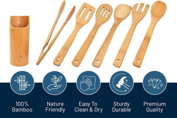 RoyalHouse Wooden Kitchen Utensils Set, 7 Piece Bamboo Cooking Tools and Holder Cooking Spoons and Spatulas, Kitchen Tools, Wood Tool Utensil Sets for Nonstick Pan and Cookware - Image 2