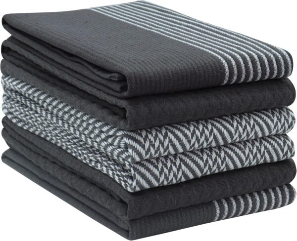 PurpleEssences Kitchen Towels Set Pack of 6-15x25 Inches, 100% Cotton Waffle Weave & Flat Dish Towels for Drying Dishes Hand Highly Absorbent Bar, Tea Towels Set with Hanging Loop - Dark Gray