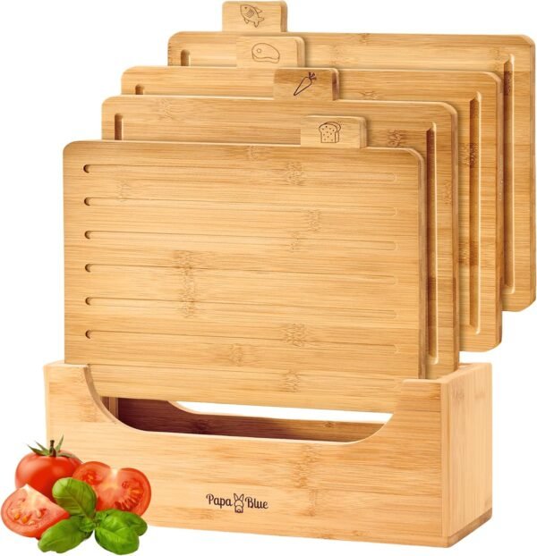 Bamboo Cutting Board Set of 4 - Wood Cutting Board Set with Holder - Bamboo Cutting Boards for Kitchen with Labeled Food Icon - Chopping Board Set With Stand - Includes Bread Board and Juice Groove
