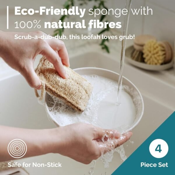 Jungle Culture 4 Piece Bamboo Dish Brush Set for Washing Up • Long Lasting Wooden Dish Brush with 3 Replacement Heads & Loofah Sponge Scourer • Eco Friendly Wooden Scrub Brush for Pots, Pans & Dishes - Image 6