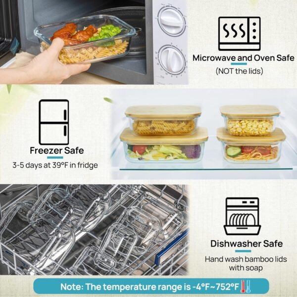 Vtopmart Glass Food Storage Containers with Bamboo Lids, 4 Pack Meal Prep Glass Containers Bento Lunch Box, Safe for Microwave, Oven, Freezer and Dishwasher, BPA Free - Image 4