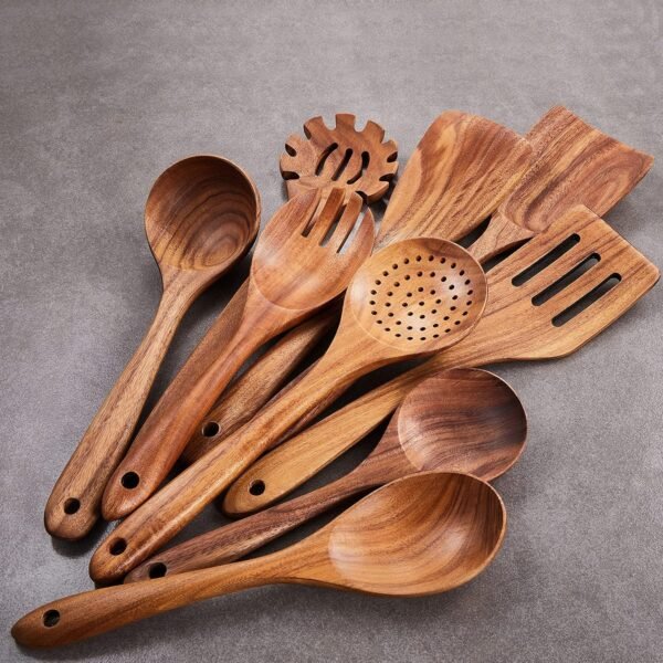 Wooden Kitchen Utensils Set,GUDAMAYE 9 PCE Natural Teak Wooden Spoons For Non-stick Pan for Cooking, - Image 5