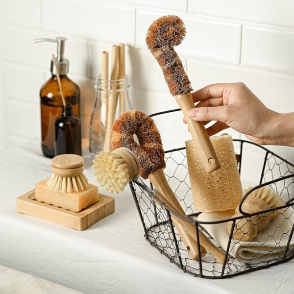 Jungle Culture® 6 Piece Natural Dish Brushes for Washing Up • Eco Dish Brush Kitchen Cleaning Set • Plant Based Coconut Scrubbers • Bottle/Pot Brush & Eco Friendly Scourer Sponge for Pans & Dishes - Image 7