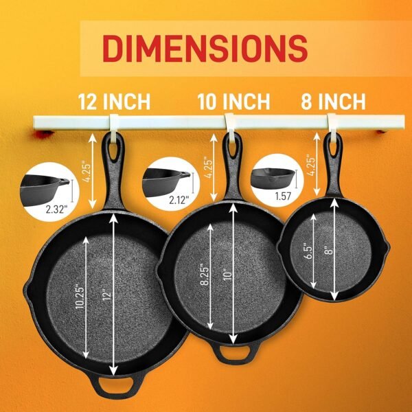 NutriChef 3pc Cast Iron Skillet Set - Nonstick Pans with Drip Spout, Silicone Handles, For All Cooktops - Image 2