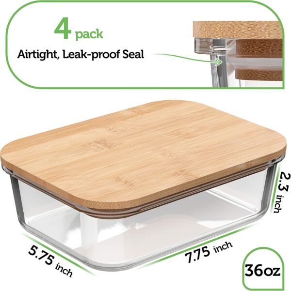 Glass Food Storage Containers with Bamboo Lids (4 Pack, 36 Ounce) Eco Friendly Meal Prep Containers Airtight – Plastic Free, BPA Free - Image 2