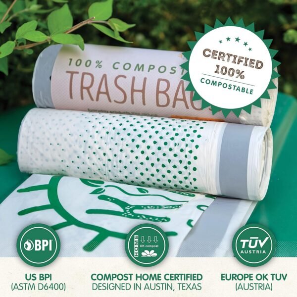 KC’s Compostable Tall Kitchen Trash Bags 13 Gallon, 25 Bags | Easy-Tie Drawstring Closure, 3X Extra Durable & Plant-Based Compostable Garbage Bags for Kitchen Waste - Image 4