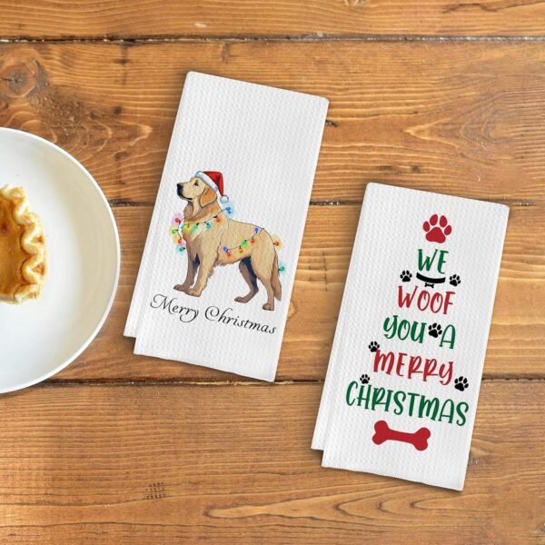 Funny Christmas Dog Kitchen Towels,Christmas Hand Towels,Christmas Dog Waffle Weave Kitchen Dish Towels,Golden Retriever Tea Dish Towels For Kitchen Bathroom,Gifts For Dog Lovers(16×24 set of 2) - Image 3