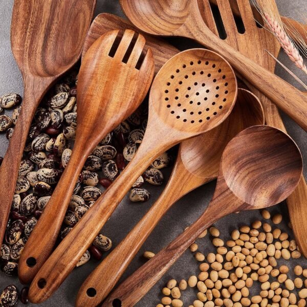 Wooden Kitchen Utensils Set,GUDAMAYE 9 PCE Natural Teak Wooden Spoons For Non-stick Pan for Cooking, - Image 7