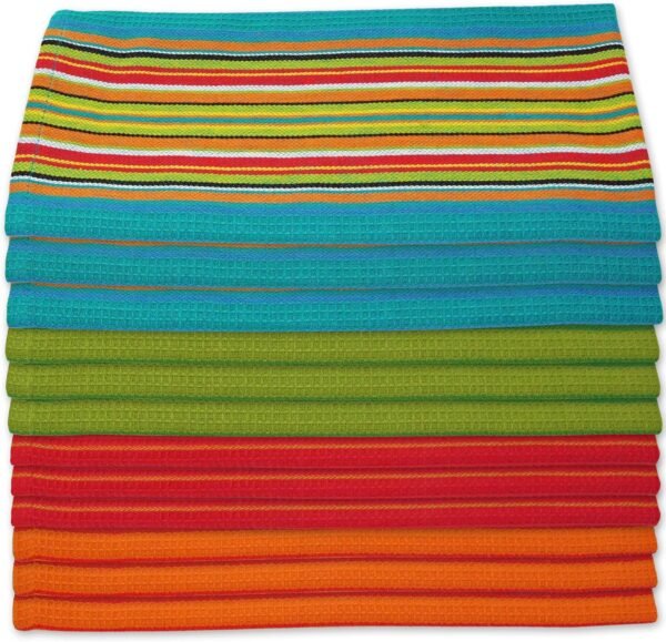 Kitchen Dish Towels Salsa Stripe | 100% Natural Absorbent Cotton Salsa Towels | Multi Purpose Waffle Tea Towels for Drying & Cleaning | Festive Red, Orange, Green and Blue (28 x 16 inches), 12-Pack