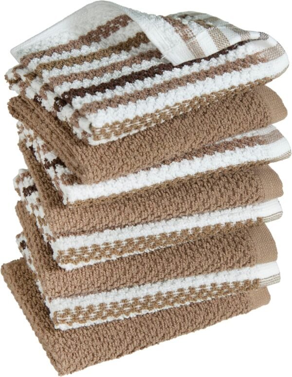 Bumble Premium Dish Cloths Towel 12"x12" | 100% Natural Ring Spun Cotton Tea Towel Set | 430 GSM | Highly Absorbent & Soft Dish Towels | 8 Pack - 4 Popcorn Wide Striped & 4 Solid Kitchen Towels - Tan - Image 6