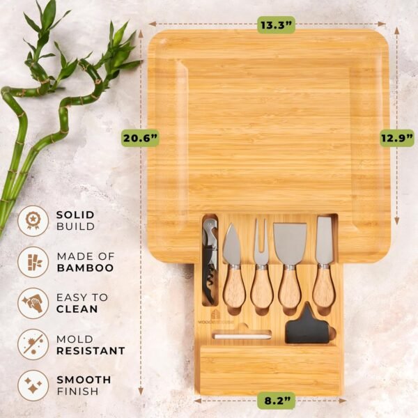Charcuterie Board 13"x13", Bamboo Cheese Board, Cheese Platter – Meat and Cheese Tray Set with Cheese Utensils and Wine Opener Included - Image 3