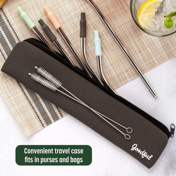 Goodful 8 Piece Variety Pack Reusable Travel Stainless Steel Straw Set, Travel Case, Cleaning Brushes, Removeable Silicone Tips, Multi Color - Image 5