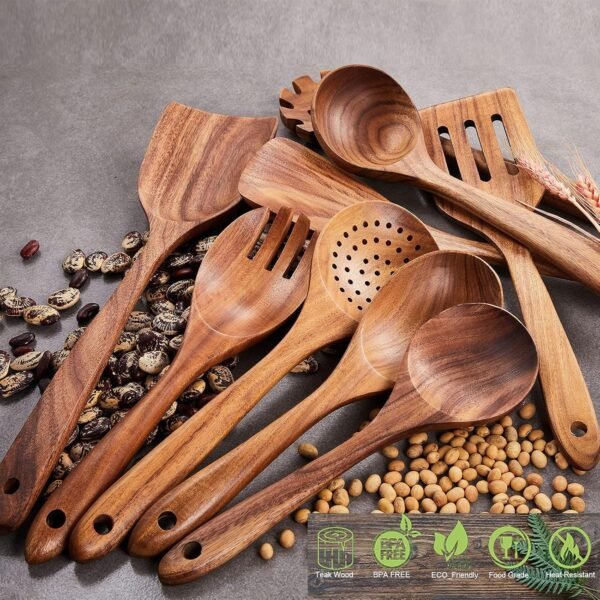 Wooden Kitchen Utensils Set,GUDAMAYE 9 PCE Natural Teak Wooden Spoons For Non-stick Pan for Cooking, - Image 6