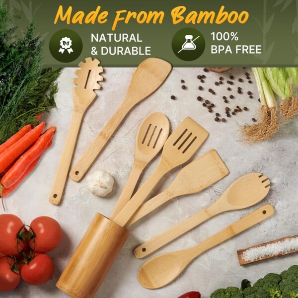 Bamboo Wooden Spoons for Cooking 7 PCs with Holder – Wooden Cooking Utensils + Holder for Nonstick – Wooden Utensil Set – Easy to Clean, Sturdy, Lightweight & Heat Resistant - Image 4