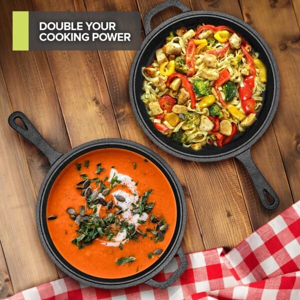 Modern Innovations 3-in-1 Dutch Oven, Cast Iron Pan (3.2QT) and Cast Iron Skillet (1.6QT) Combo, Cast Iron Pan with Lid, Preseasoned Cast Iron Pots and Pans Set, RV or Lodge Camping Cast Iron Set - Image 6