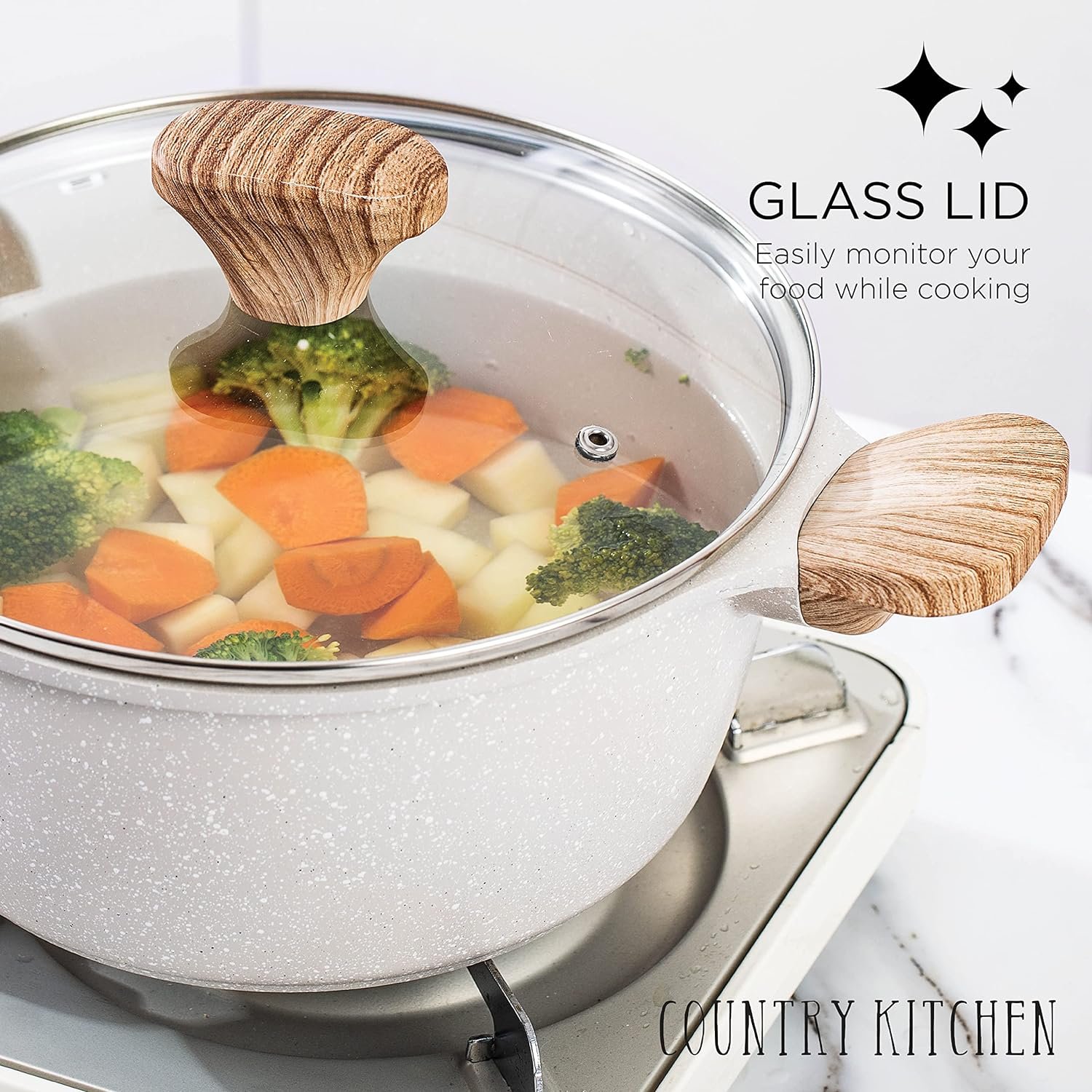 Country Kitchen Non-Stick Cast Aluminum Cookware Set - Durable Kitchen Cookware for Everyday Cooking, Cream, 11 Pc. - Image 5