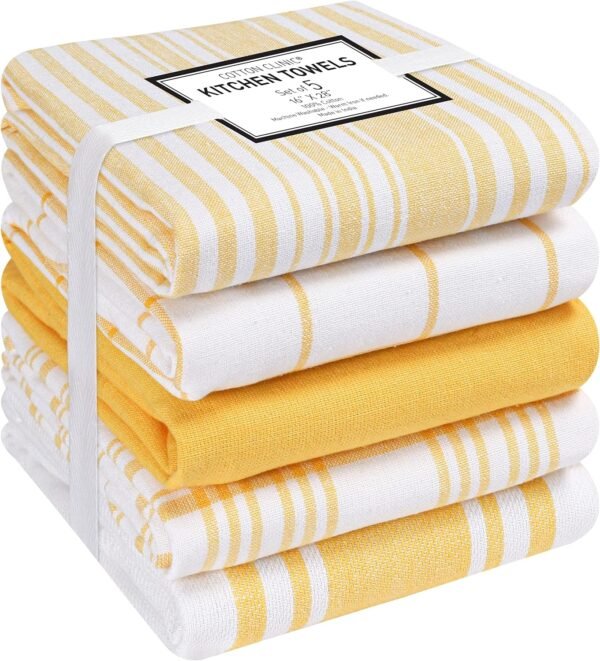Cotton Clinic Assorted Kitchen Towels 5 Pack – Soft Absorbent Quick Drying Table & Kitchen Linen - Dish Towels, Dish Cloths, Tea Towels and Cleaning Towels with Hanging Loop – 16x28 / Yellow White