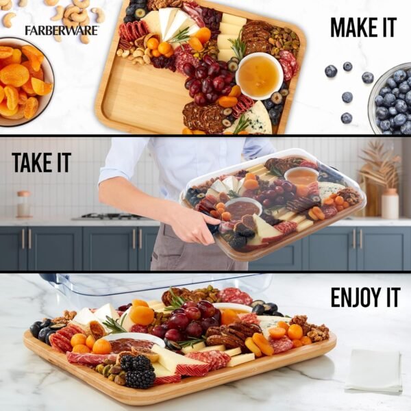 Farberware Build-A-Board Bamboo Cutting Board with Built-in Compartments and Clear Locking Lid with Navy Handles, Perfect for Charcuterie, Snacks, and More - Make it. Take it. Enjoy it, 11x14 Inches - Image 2