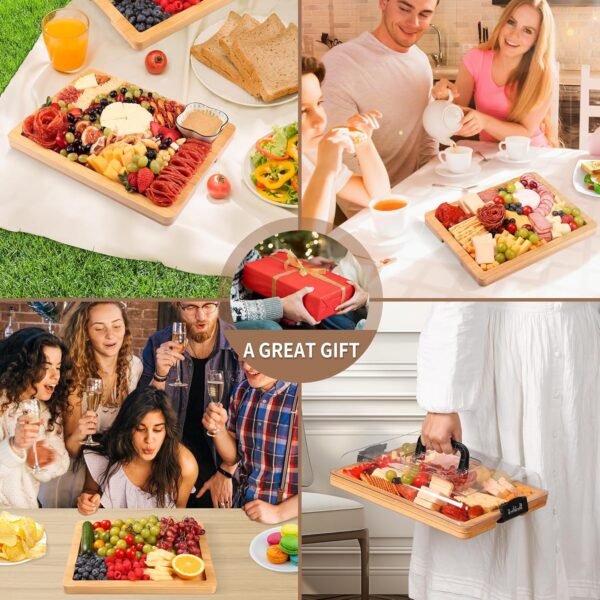 Charcuterie Board with Lid and Handle - Portable Travel Design Bamboo Cheese Board Set with 4 Cheese Tools, Gift for Housewarming, Weddings, Picnics(1 Compartment, Black) - Image 6