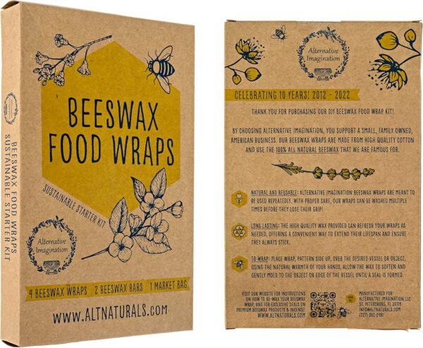 Beeswax Wrap Kit: Reusable Food Grade Beeswax Wraps for Food, Snacks, Sandwich, Eco Friendly Kitchen Storage - Includes 2 Wraps, 2 Beeswax Bars and Reusable Cotton Mesh Market Bag - Cute Fruit Themes - Image 5