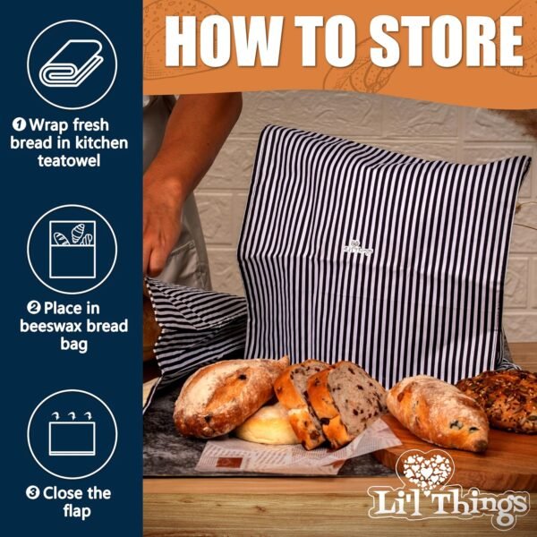 Li'l Things Eco-friendly Reusable Beeswax Bread bags | Improved Beeswax Coating | Set of 2 Sizes |13'x13' & 15’x9’ | 6 Different Themes | Great for Home-Baked Store Bought Bread | Stripey Black - Image 6