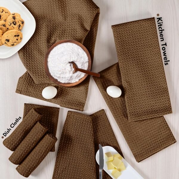Native Fab Kitchen Towels 4 Pack (16"x26") & Dish Cloths 4 Pack (12"x12") - 8 Piece Kitchen Set, 100% Cotton, Absorbent & Durable for Cleaning and Cooking - Perfect for Home & Kitchen Use - Brown - Image 2