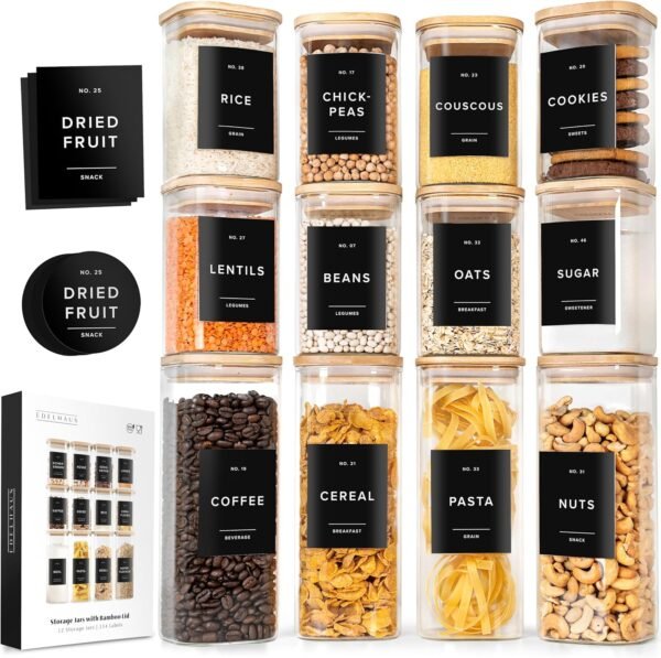 Square Glass Storage Containers with Bamboo Lids 12-Pack (4x 33.8 oz, 8x 20.2 oz) Airtight Storage Jars with Lids for Food, Stackable Kitchen Canisters with 114 Labels for Pantry [Thicker Glass 3mm]