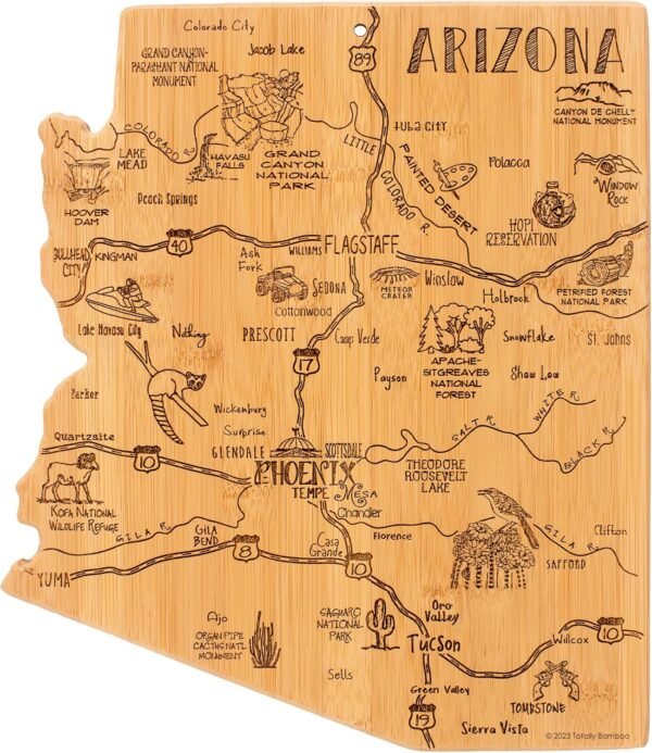 Totally Bamboo Destination Arizona State Shaped Serving and Cutting Board, Includes Hang Tie for Wall Display