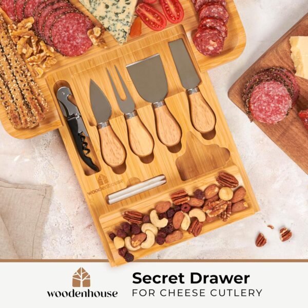 Charcuterie Board 13"x13", Bamboo Cheese Board, Cheese Platter – Meat and Cheese Tray Set with Cheese Utensils and Wine Opener Included - Image 5
