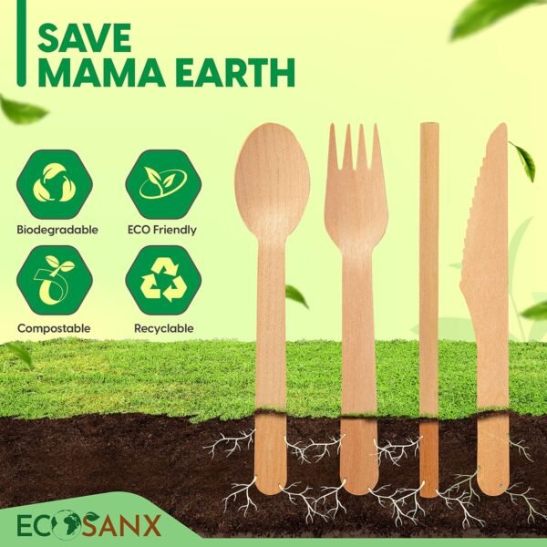 220 PCs Wooden Cutlery set | 6.5" Splinter Free Compostable Utensils, Biodegradable, Eco-Friendly | 100% All - Natural Bamboo Utensils for Outdoor, Party & More- Disposable Bamboo cutlery - Image 5