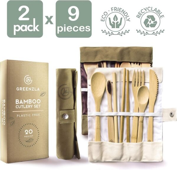 Greenzla 2-Pack Bamboo Utensils Set | With Bonus 2 Bamboo Toothbrushes | Natural Bamboo Straw, Spoon, Fork, Knife, Teaspoon, Chopsticks, Brush & 2 Storage Bags | Reusable Bamboo Cutlery set - Image 6