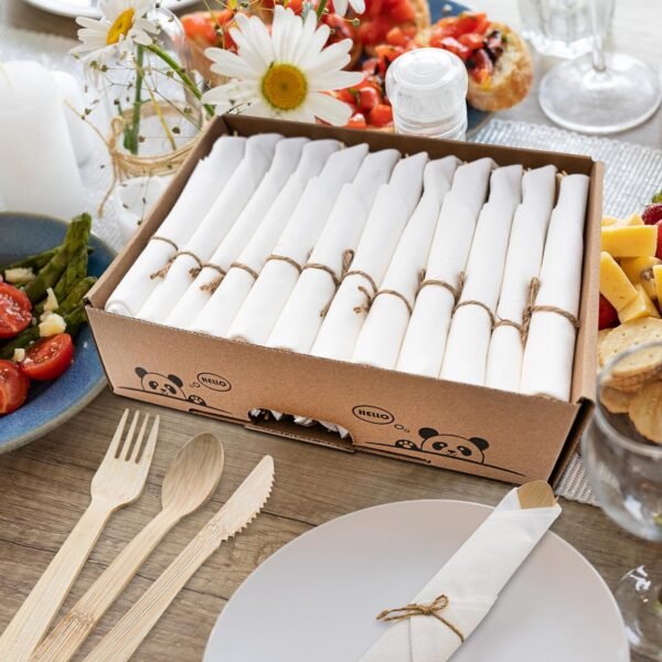 Pre Wrapped Bamboo Cutlery Set with Napkin - 50 Pack Bamboo Utensils Set (50 Spoons, 50 Forks, 50 Knives, 50 Napkins), Pre Rolled Disposable Biodegradable Silverware Wedding or Party (50, Natural) - Image 4