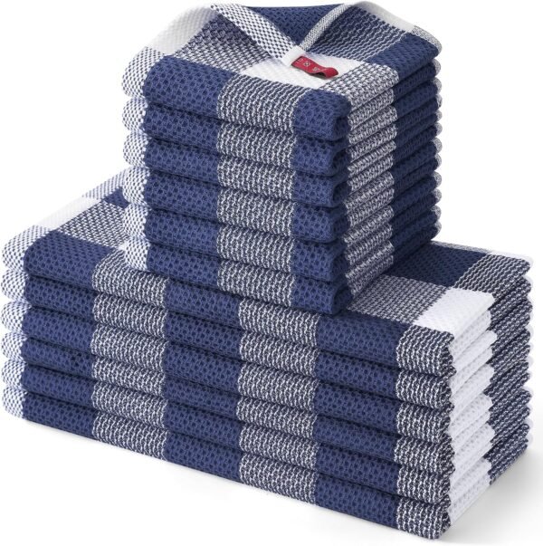 Homaxy Kitchen Towels and Dishcloths Set, 12 x 12 and 13 x 28 Inches, Set of 12 Bulk Cotton Waffle Weave Check Plaid Kitchen Towels, Super Soft and Absorbent Dish Towels, White & Navy Blue
