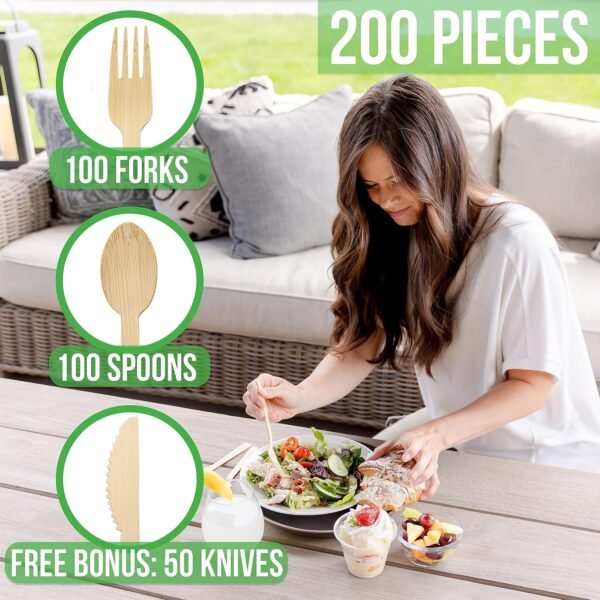 Disposable Bamboo Utensils, 200 Count PLUS BONUS 50 Knives [100 Spoon 100 Fork 50 knives] - Real Bamboo Eco-Friendly Compostable Cutlery - Image 10