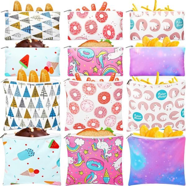 12 Pcs Reusable Snack Bags with Zipper Cute Sandwich Bags for Safety Washable Reusable Pouches Double Layer Leakproof Food Storage Pouch, 2 Sizes