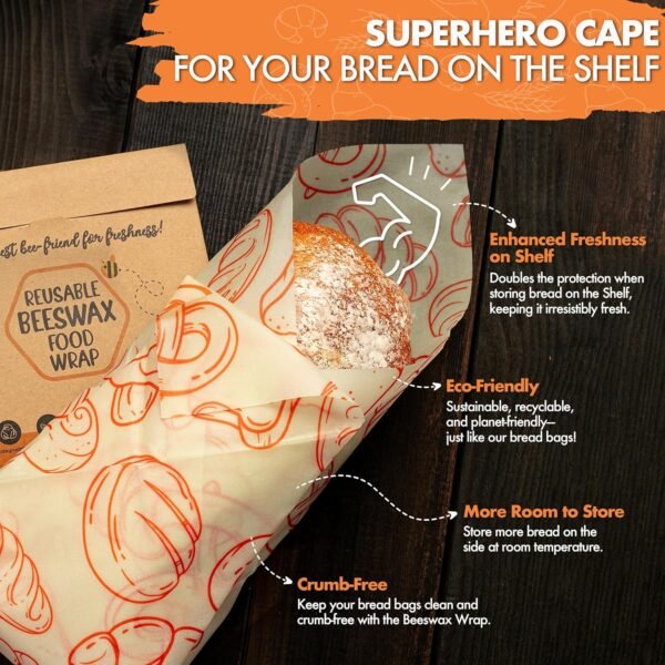 Reusable Bread Bags for Homemade Bread- Sourdough Bread Bags- Freezer Safe, BPA-Free Homemade Bread Storage Bags- Bread Storage Containers with Beeswax Wrap. Retro Orange- 2 Pack- Oscar's Bakery - Image 4